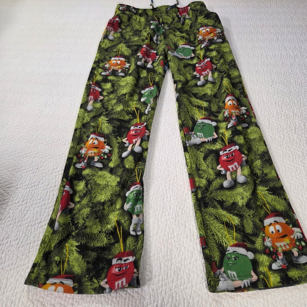 M&M's Christmas Fleece Pajama Pants Mens Medium Green‎ Ornament All Over Print